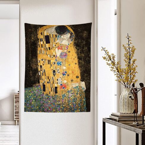 The Kiss, 1907 by Gustav Klimt Oil Painting Tapestry High-Definition Home Art Wall Hanging Blanket Interior Aesthetic Bedroom Dorm Cafe Decor, Unique Housewarming Birthday Gift (150 x 200cm / 59 x 79inch) in Saudi Arabia