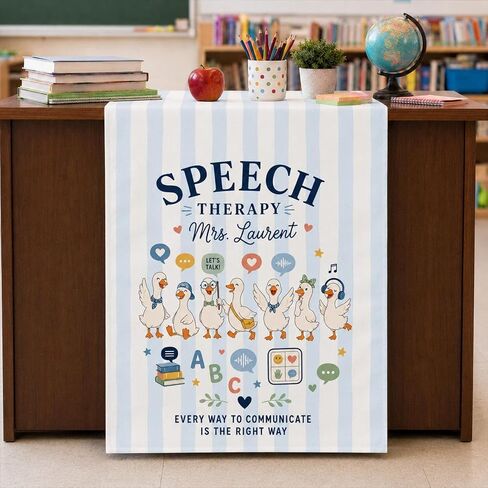 Speech Therapy Wall Art Tapestry, Personalized Teacher Table Runner, Classroom Desk Decor, Communication Ducks Mental Health Banner Prints Welcome Sign for Classroom Therapy School Counselor Office Decor in Saudi Arabia