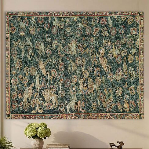 LATETOMT Medieval Millefleurs Tapestry, Unicorn Wall Decor 70.8x56in | Featuring medieval millefleurs artwork with unicorn, lion, birds, and vintage European garden styling in Saudi Arabia