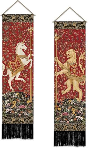 SUPERDANT 2Pc Medieval Lion Tapestry Vertical Wall Hanging Set 51x13 Inch/130x33cm Narrow Retro Panel with Rod for Apartment Hallway Bedroom Man Cave Colorful in Kuwait