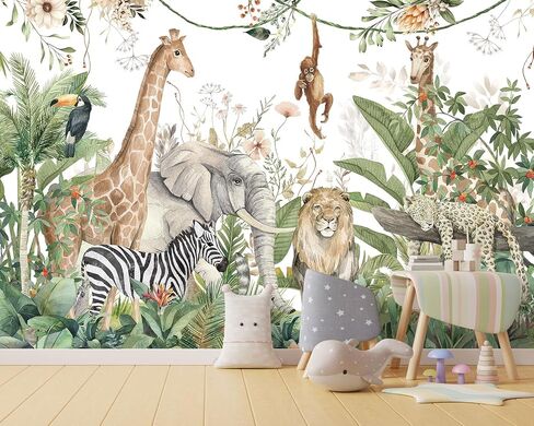 HLNIUC Kids Room Jungle Wall Mural, Safari Animals Rainforest Wallpaper Mural for Bedroom, Kindergarten, Living Room, Nursery Room, Large Background Decor - 141" W x 96" H (Not Peel and Stick) in Saudi Arabia