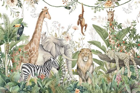 HLNIUC Kids Room Jungle Wall Mural, Safari Animals Rainforest Wallpaper Mural for Bedroom, Kindergarten, Living Room, Nursery Room, Large Background Decor - 141" W x 96" H (Not Peel and Stick) in Saudi Arabia