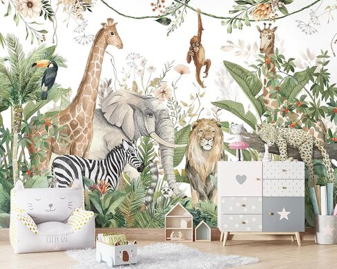 HLNIUC Kids Room Jungle Wall Mural, Safari Animals Rainforest Wallpaper Mural for Bedroom, Kindergarten, Living Room, Nursery Room, Large Background Decor - 141" W x 96" H (Not Peel and Stick) in Saudi Arabia