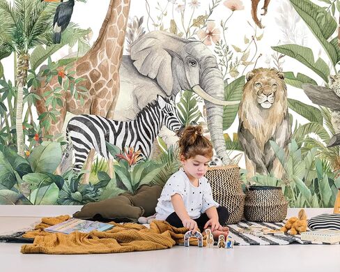 HLNIUC Kids Room Jungle Wall Mural, Safari Animals Rainforest Wallpaper Mural for Bedroom, Kindergarten, Living Room, Nursery Room, Large Background Decor - 141" W x 96" H (Not Peel and Stick) in Saudi Arabia