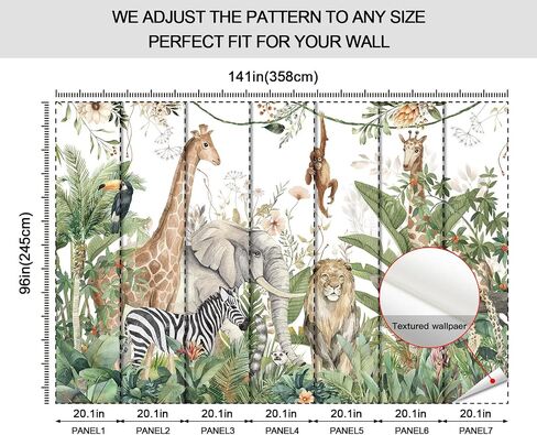 HLNIUC Kids Room Jungle Wall Mural, Safari Animals Rainforest Wallpaper Mural for Bedroom, Kindergarten, Living Room, Nursery Room, Large Background Decor - 141" W x 96" H (Not Peel and Stick) in Saudi Arabia