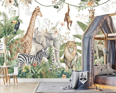 HLNIUC Kids Room Jungle Wall Mural, Safari Animals Rainforest Wallpaper Mural for Bedroom, Kindergarten, Living Room, Nursery Room, Large Background Decor - 141" W x 96" H (Not Peel and Stick) in Saudi Arabia