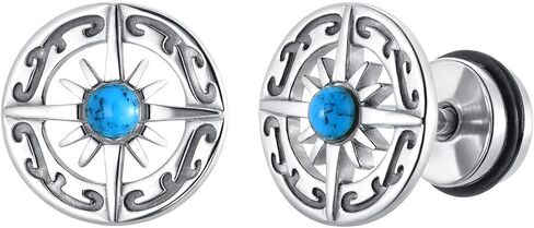 Compass Stud Earrings for Men Women, Stainless Steel Viking Design Earrings with Blue Turquoise, Screw Back 10.3mm Wide in Saudi Arabia