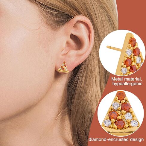 Dainty Pizza Stud Earrings for Women, Small Gold Plated Sparkly Triangle Rhinestone Cute Food Earrings, Tiny Unique Red Cubiz Zirconia Pizza Jewelry for Food Lovers Party Birthday in Saudi Arabia