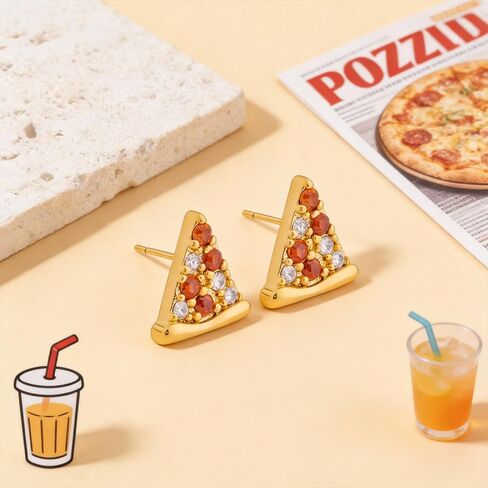 Dainty Pizza Stud Earrings for Women, Small Gold Plated Sparkly Triangle Rhinestone Cute Food Earrings, Tiny Unique Red Cubiz Zirconia Pizza Jewelry for Food Lovers Party Birthday in Saudi Arabia