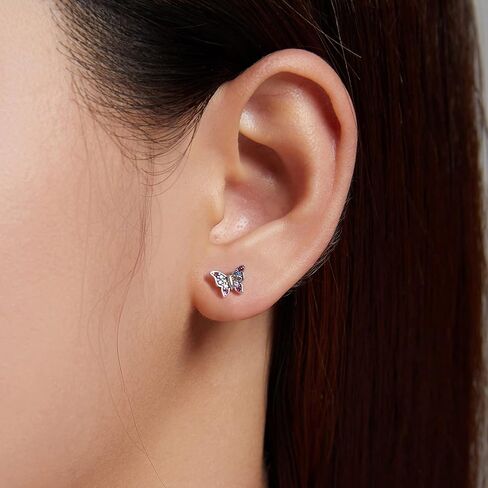 925 Sterling Silver Earrings,Hypoallergenic Flat Back Stud Earrings,Butterfly Insect Small Animals Cute Earrings for Women in Saudi Arabia
