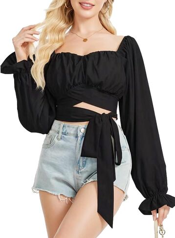 Women's Ruched Wrap Crop-Bow Tie Front Crop Going Out Tops Blouse Square Neck Long Sleeves in Saudi Arabia