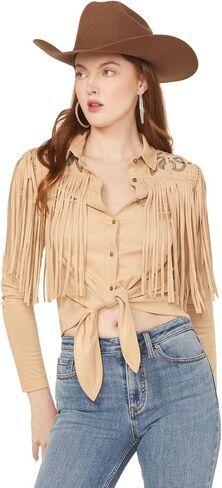 Idyllwind Women's Women's McKinney Faux Suede Long Sleeve Fringe Top - IWSP25K93-KHK Medium US Khaki in Saudi Arabia