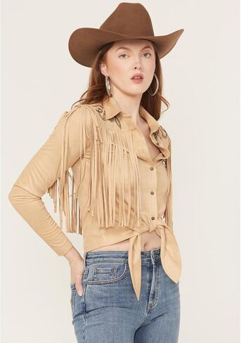 Idyllwind Women's Women's McKinney Faux Suede Long Sleeve Fringe Top - IWSP25K93-KHK Medium US Khaki in Saudi Arabia