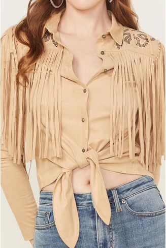 Idyllwind Women's Women's McKinney Faux Suede Long Sleeve Fringe Top - IWSP25K93-KHK Medium US Khaki in Saudi Arabia