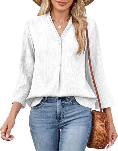 3/4 Length Sleeve Womens Tops 2025 Summer Trendy Shirts V Neck Button Textured Blouse Curved Hem in Saudi Arabia