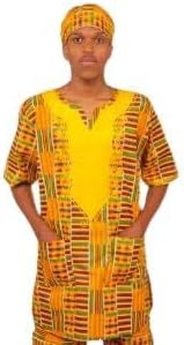 African Print Shirt, Traditional Kente Pattern #2, Orange and Yellow V-Neck Top, Short Sleeve Cotton Dashiki Style in Kuwait