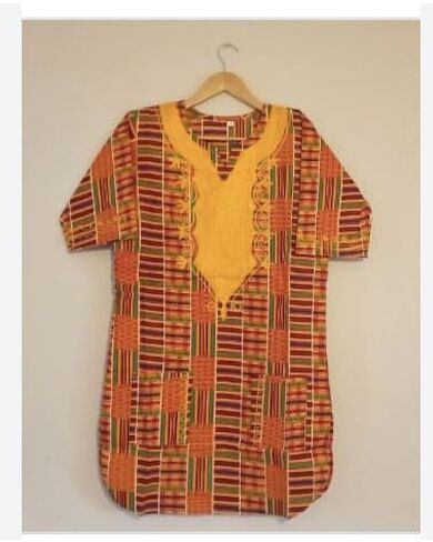African Print Shirt, Traditional Kente Pattern #2, Orange and Yellow V-Neck Top, Short Sleeve Cotton Dashiki Style in Kuwait