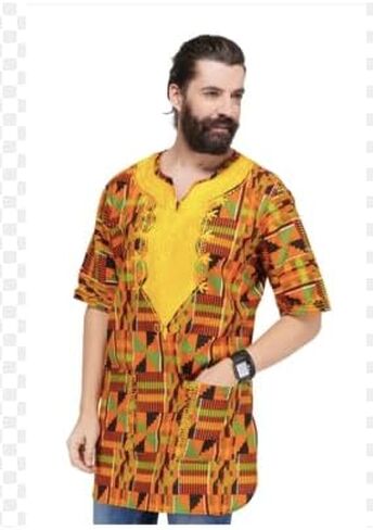 African Print Shirt, Traditional Kente Pattern #2, Orange and Yellow V-Neck Top, Short Sleeve Cotton Dashiki Style in Kuwait
