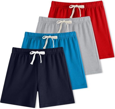 4-Pack Boy Shorts French Terry Cotton Athletic Shorts Kids Summer Clothes Elastic Waist with Drawstring 2T-12Y in Saudi Arabia