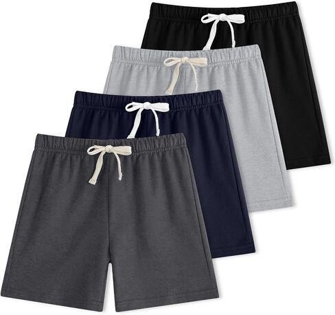 4-Pack Boy Shorts French Terry Cotton Athletic Shorts Kids Summer Clothes Elastic Waist with Drawstring 2T-12Y in Saudi Arabia