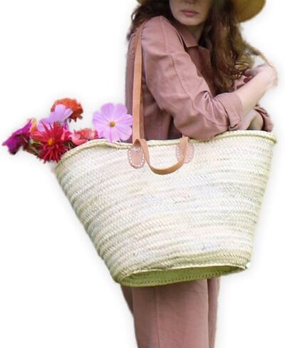 French Market Basket with Double Flat Leather Handles – Elegant Moroccan Straw Tote for Everyday & Beach Use in Kuwait