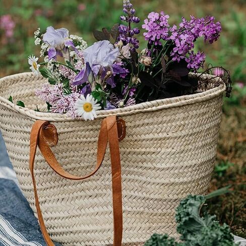 French Market Basket with Double Flat Leather Handles – Elegant Moroccan Straw Tote for Everyday & Beach Use in Kuwait