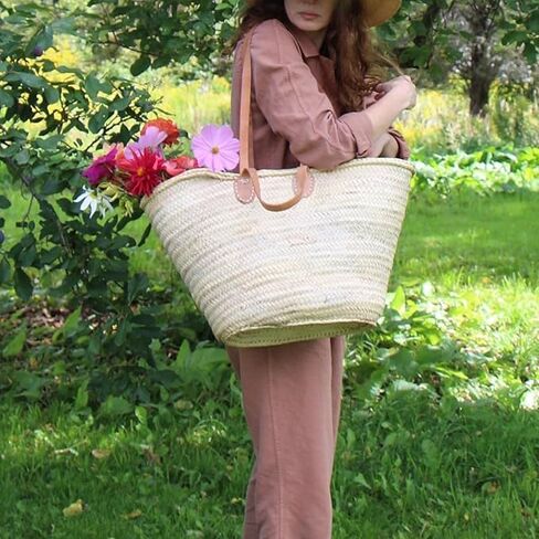 French Market Basket with Double Flat Leather Handles – Elegant Moroccan Straw Tote for Everyday & Beach Use in Kuwait