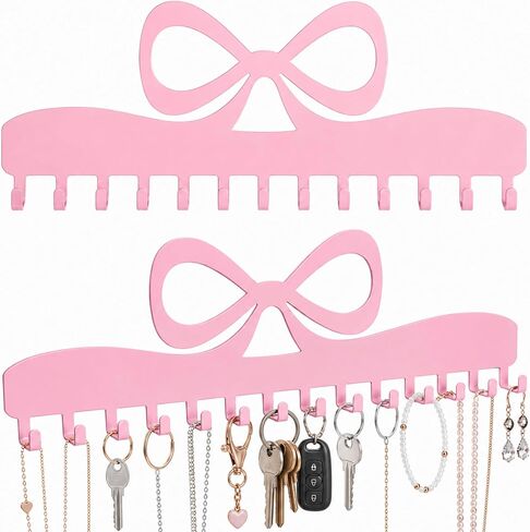 Hicarer 2 Pack Pink Bow Necklace Organizer Wall Mount Jewelry Holder with 24 Hooks Adhesive Metal Jewelry Hanger Coquette Room Decor for Earrings Bracelets Rings Bedroom Bathroom Dorm Closet Vanity in Saudi Arabia