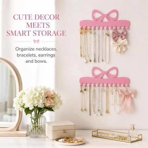 Hicarer 2 Pack Pink Bow Necklace Organizer Wall Mount Jewelry Holder with 24 Hooks Adhesive Metal Jewelry Hanger Coquette Room Decor for Earrings Bracelets Rings Bedroom Bathroom Dorm Closet Vanity in Saudi Arabia