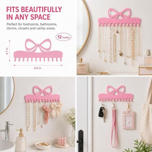 Hicarer 2 Pack Pink Bow Necklace Organizer Wall Mount Jewelry Holder with 24 Hooks Adhesive Metal Jewelry Hanger Coquette Room Decor for Earrings Bracelets Rings Bedroom Bathroom Dorm Closet Vanity in Saudi Arabia