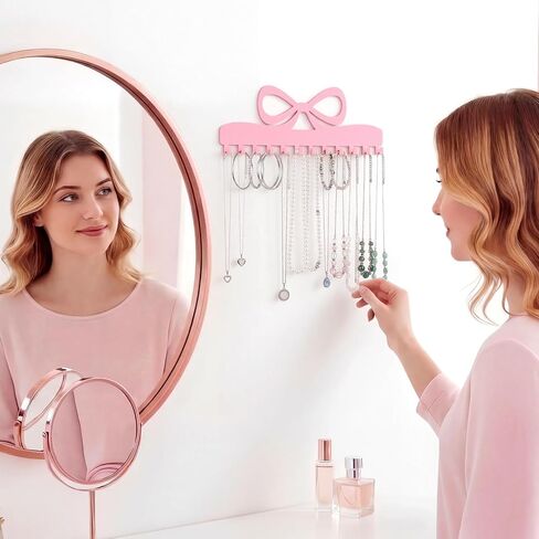 Hicarer 2 Pack Pink Bow Necklace Organizer Wall Mount Jewelry Holder with 24 Hooks Adhesive Metal Jewelry Hanger Coquette Room Decor for Earrings Bracelets Rings Bedroom Bathroom Dorm Closet Vanity in Saudi Arabia