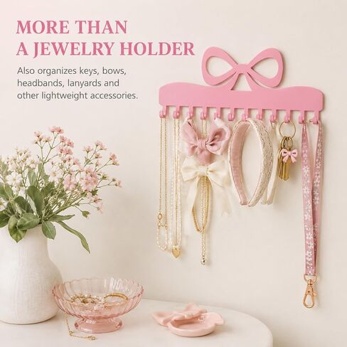 Hicarer 2 Pack Pink Bow Necklace Organizer Wall Mount Jewelry Holder with 24 Hooks Adhesive Metal Jewelry Hanger Coquette Room Decor for Earrings Bracelets Rings Bedroom Bathroom Dorm Closet Vanity in Saudi Arabia