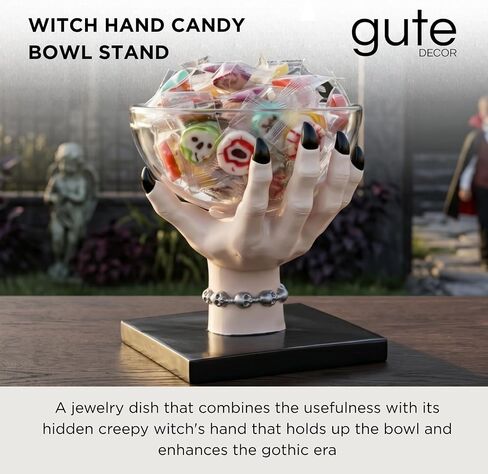 حامل وعاء حلوى اليد من GUTE Witch - طبق وجبات خفيفة من الراتنج مقاس 5 بوصات للعلاج، وصواميل سلة حامل الحلوى، والمجوهرات، والوجبات الخفيفة، وديكور الحفلات القوطية، وعرض سطح المكتب المركزي in Kuwait