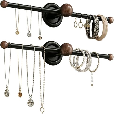 Wall Hanging Jewelry Organizer, 15.75'' Wood Grain Necklace Holder for Bracelet, Hairband, Hairpin, Glasses Storage, Nail-Free Glue Auxiliary Stickers Included (Black, 15.75in) in Saudi Arabia