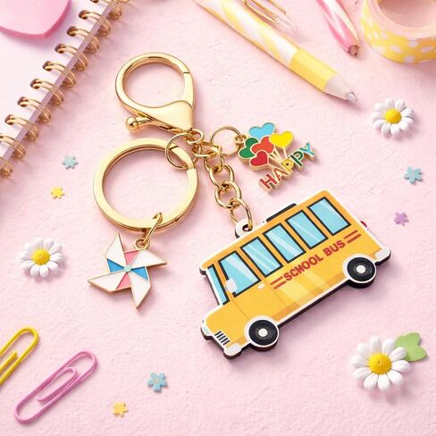 School Bus Keychain – Inspirational Keychains Bag Charms for Women with Pinwheel and Balloon Decorations, Cool Key Chains Gifts for Students and Teachers in Saudi Arabia