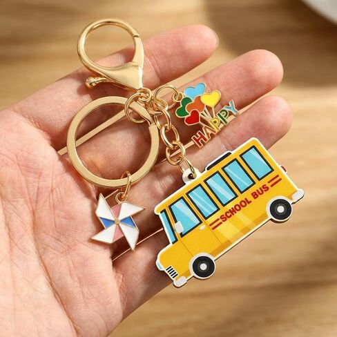 School Bus Keychain – Inspirational Keychains Bag Charms for Women with Pinwheel and Balloon Decorations, Cool Key Chains Gifts for Students and Teachers in Saudi Arabia