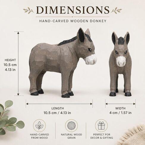 LOGOFUN Wooden Donkey Figurine Handmade Bookshelf Display Decor | تمثال حمار منحوت نابض بالحياة، نسيج من الخشب الطبيعي، رائع للديكور الريفي أو مجموعة محبي الحيوانات. in Kuwait
