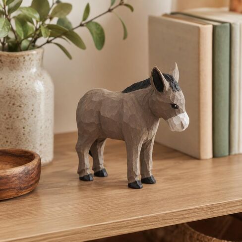 LOGOFUN Wooden Donkey Figurine Handmade Bookshelf Display Decor | تمثال حمار منحوت نابض بالحياة، نسيج من الخشب الطبيعي، رائع للديكور الريفي أو مجموعة محبي الحيوانات. in Kuwait