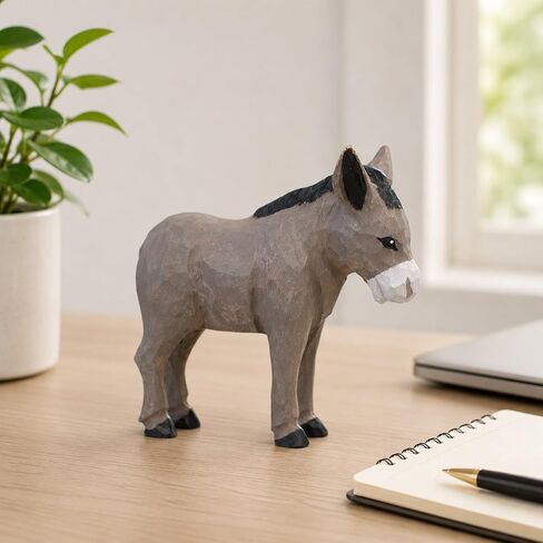 LOGOFUN Wooden Donkey Figurine Handmade Bookshelf Display Decor | تمثال حمار منحوت نابض بالحياة، نسيج من الخشب الطبيعي، رائع للديكور الريفي أو مجموعة محبي الحيوانات. in Kuwait