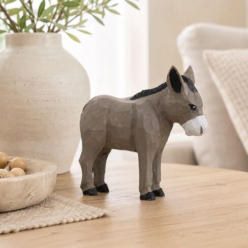 LOGOFUN Wooden Donkey Figurine Handmade Bookshelf Display Decor | تمثال حمار منحوت نابض بالحياة، نسيج من الخشب الطبيعي، رائع للديكور الريفي أو مجموعة محبي الحيوانات. in Kuwait
