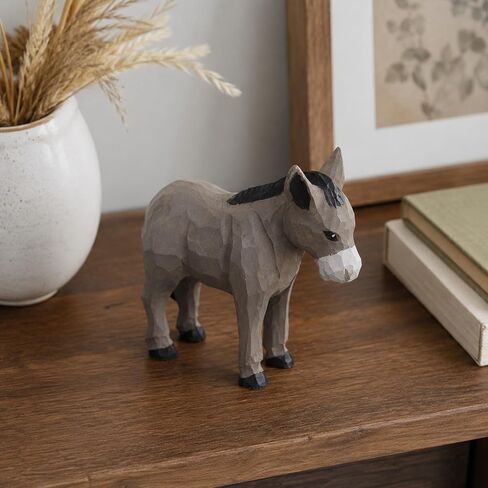 LOGOFUN Wooden Donkey Figurine Handmade Bookshelf Display Decor | تمثال حمار منحوت نابض بالحياة، نسيج من الخشب الطبيعي، رائع للديكور الريفي أو مجموعة محبي الحيوانات. in Kuwait