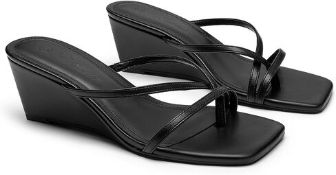 Athlefit Women's Dressy Summer Wedge Sandals Slip On Casual Strappy Thong Slides Cute Square Open Toe Flip Flop Heels in Kuwait