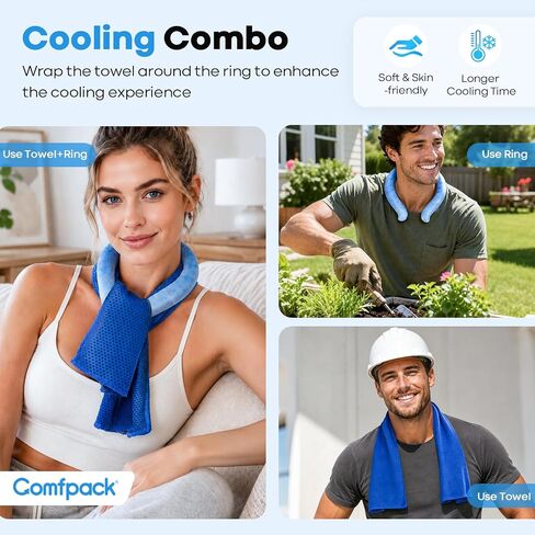 Comfpack 2PCS Neck Cooling Tube with Cooling Towel for Hot Weather | Reusable LongLasting Ice Ring Neck Cooler, 64℉ Instant Cooling Neck Wrap for Outdoor Work Sports Gardening Hot Flashes in Saudi Arabia
