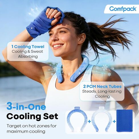 Comfpack 2PCS Neck Cooling Tube with Cooling Towel for Hot Weather | Reusable LongLasting Ice Ring Neck Cooler, 64℉ Instant Cooling Neck Wrap for Outdoor Work Sports Gardening Hot Flashes in Saudi Arabia