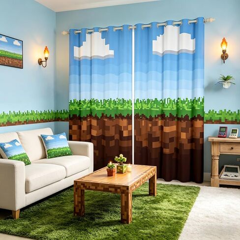 Manfei Pixel Game Window Drapes,Video Games Clouds Blue Sky Blackout Curtains,Geometric Lattice Gamepad Nursery Bedroom Playroom Decor,Blue Brown 2 Panels,52Wx84L inch in Saudi Arabia