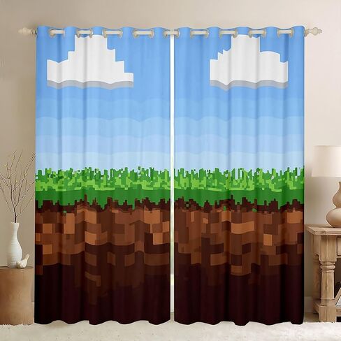 Manfei Pixel Game Window Drapes,Video Games Clouds Blue Sky Blackout Curtains,Geometric Lattice Gamepad Nursery Bedroom Playroom Decor,Blue Brown 2 Panels,52Wx84L inch in Saudi Arabia