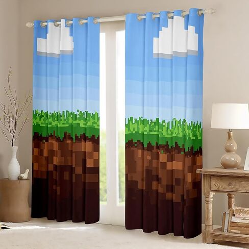 Manfei Pixel Game Window Drapes,Video Games Clouds Blue Sky Blackout Curtains,Geometric Lattice Gamepad Nursery Bedroom Playroom Decor,Blue Brown 2 Panels,52Wx84L inch in Saudi Arabia