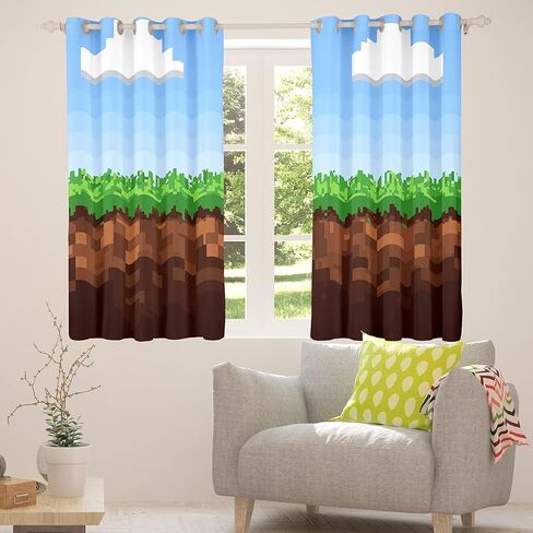 Manfei Pixel Game Window Drapes,Video Games Clouds Blue Sky Blackout Curtains,Geometric Lattice Gamepad Nursery Bedroom Playroom Decor,Blue Brown 2 Panels,52Wx84L inch in Saudi Arabia