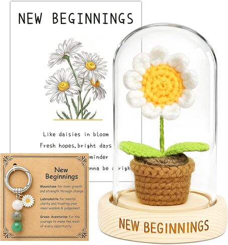 New Beginnings Gift for Women – Crochet Daisy in Glass Dome with Crystal Keychain & Card – Thoughtful Farewell, Breakup, Divorce, Graduation, Promotion or New Job Gift for Her, Friends, Coworkers in Saudi Arabia