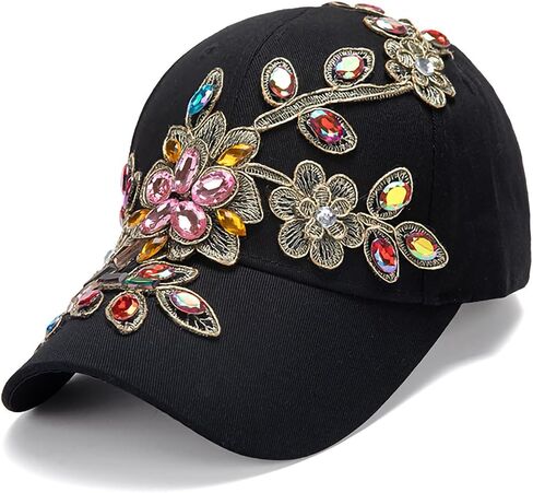 Colorful Rhinestone Baseball Cap Women Studded Big Crystals Denim Hat Bling Flower Sequin Sun Protection Duckbill Hat in Kuwait
